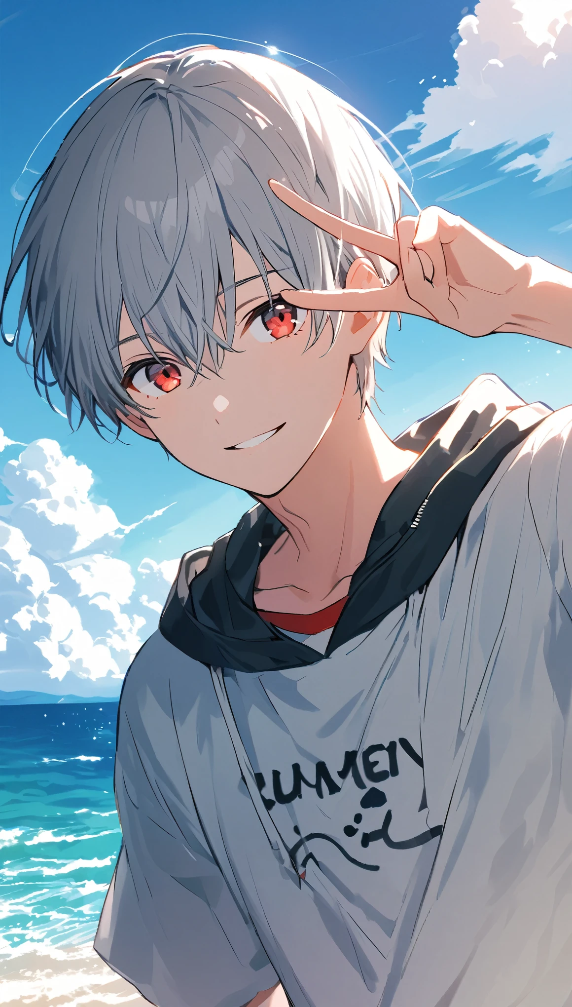 good looking, alone, 1 male, Gray Hair, Red eyes, shirt, Black and white hooded, noon, White Light,cute目,Short hairstyle,cute,Falling from the sky,綺麗なsummerの空,Lots of white clouds,summer,Ocean,Glittering scenery,bright,Blue sky,looking at the camera,Making a peace sign,smile