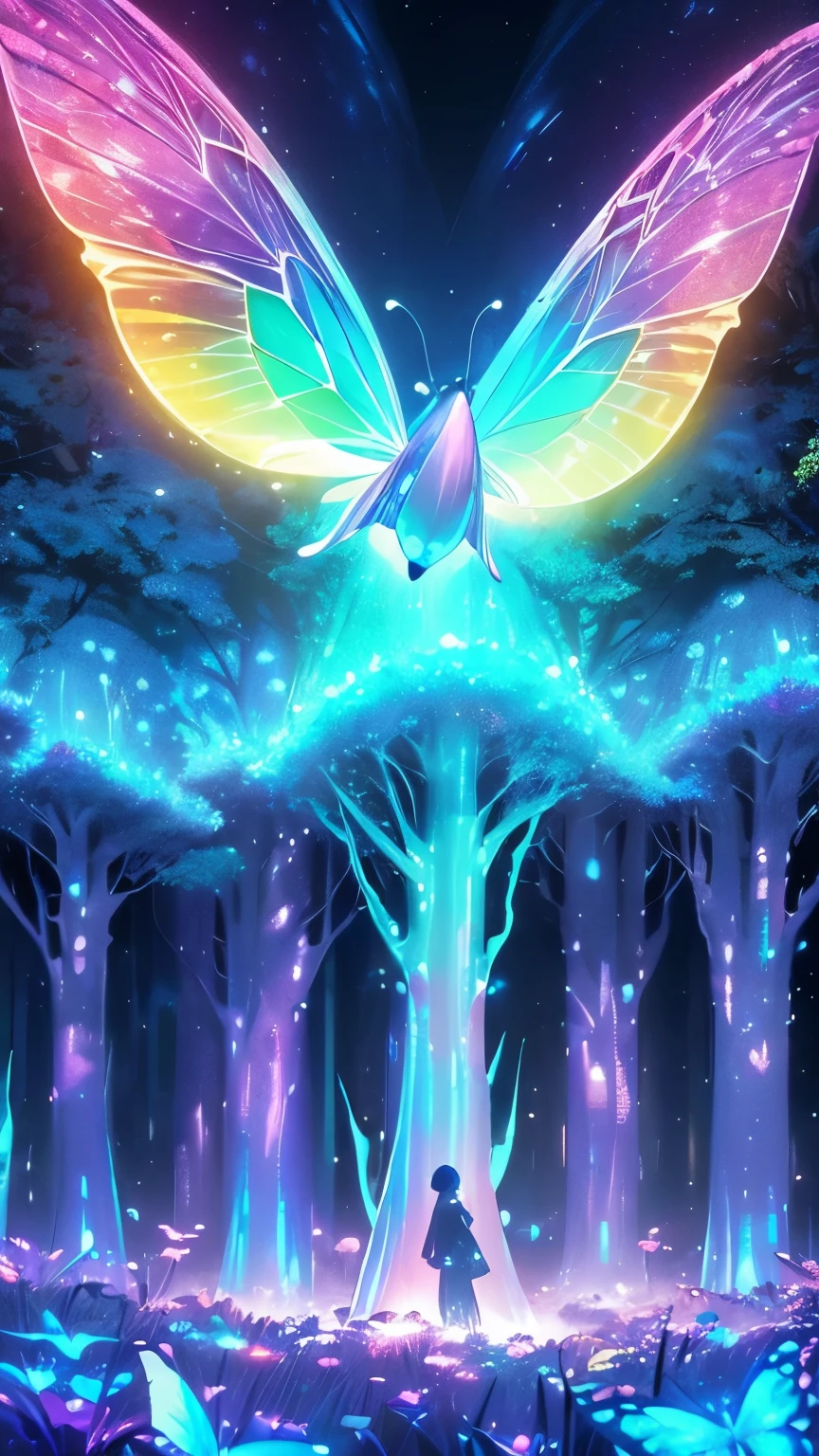 Enchanted mystical forest, neon-colored butterflies, pure blue water river spring, golden mini fairies, glowing mushrooms releasing pollen, extremely beautiful landscape, (ultra-realistic), {extremely detailed 8k CG unit wallpaper}, expansive landscape photography, (a low view that prioritizes the entire scene, (wide open field view), (low angle shot), (high light: 1.5), (low light: 1.0), (warm light source: 1.0), complex details, (iridescent colors: 1.5), (bright lighting), (atmospheric lighting), nature, magical, landscape