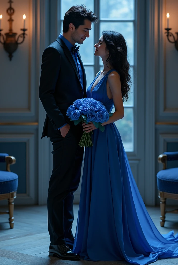 Black suit, gece mavisi gömlek giymiş, a tall dark-haired man with blue roses in his hand, short girl in blue long dress.