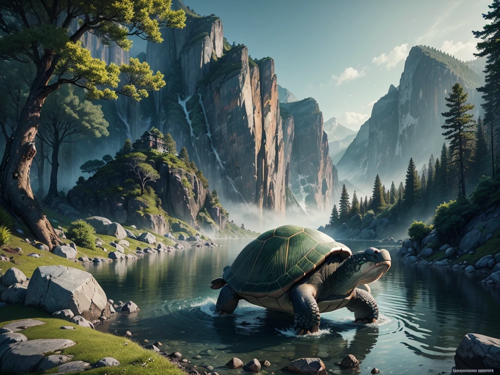 a legendary turtle in the mountains, stone gray shell, green tree pattern, long black snake tail, intelligent and agile movements, controls earth and rocks, creates safe paths, symbol of wisdom and protection, 8k, highly detailed, photorealistic, cinematic lighting, dramatic lighting, vibrant colors, fantasy landscape, lush vegetation, misty mountains, serene lake, dramatic composition