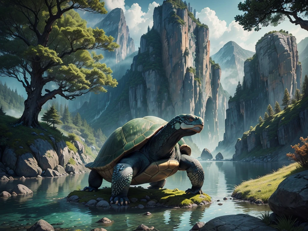 a legendary turtle in the mountains, stone gray shell, green tree pattern, long black snake tail, intelligent and agile movements, controls earth and rocks, creates safe paths, symbol of wisdom and protection, 8k, highly detailed, photorealistic, cinematic lighting, dramatic lighting, vibrant colors, fantasy landscape, lush vegetation, misty mountains, serene lake, dramatic composition