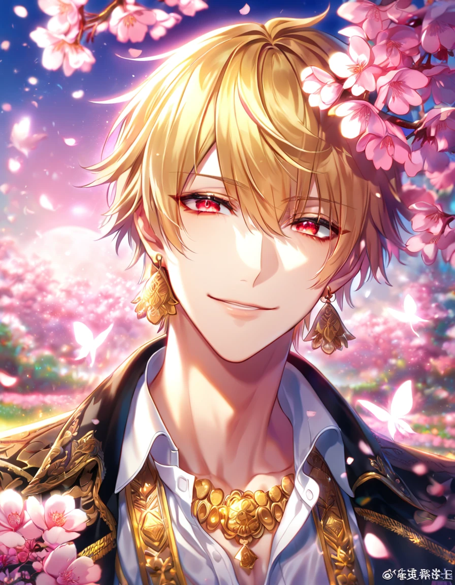 absurdres, highres, ultra detailed, HDR, master piece, best quality, detailed face, detailed eyes, delicated features, Gilgamesh, blonde hair, expressive red eyes, Fate Grand Order, solo, sexy man, handsome, smile, sensual, black jacket with white trimmings, white shirt, golden earrings, fantasy, magical, cherry blossoms, pink flowers, pink butterflies, pink petals, pink moon, garden