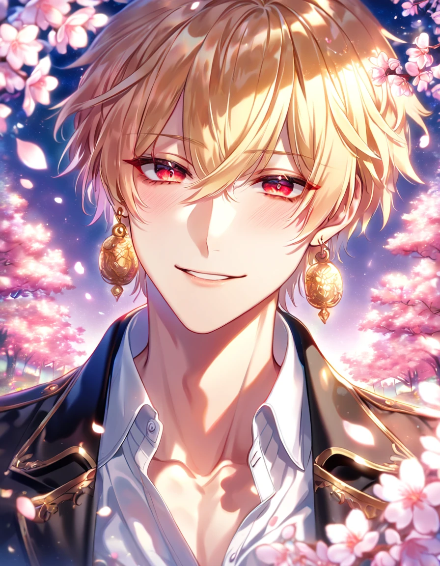 absurdres, highres, ultra detailed, HDR, master piece, best quality, detailed face, detailed eyes, delicated features, Gilgamesh, blonde hair, expressive red eyes, Fate Grand Order, solo, sexy man, handsome, smile, sensual, black jacket with white trimmings, white shirt, golden earrings, fantasy, magical, cherry blossoms, pink flowers, pink butterflies, pink petals, pink moon, garden