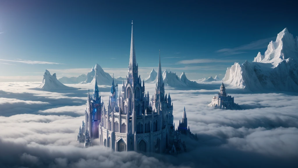 Create an image of the Warlock Kingdom, a realm that resembles a heavenly paradise, ruled by a dynasty of warlocks who master light magic, arcane manipulation, and subtle arts. The kingdom's landscape should be bathed in soft shades of blue and white, with luminous clouds, floating islands, and crystalline structures that sparkle with an otherworldly glow. The architecture should be ethereal, with tall, elegant spires and bridges made of pure light, resembling a celestial city in the sky. A select few individuals within the kingdom possess the rare ability to control time, represented by glowing hourglasses or intricate timepieces integrated into the heavenly environment. The overall style should be serene, majestic, and filled with divine light, capturing the celestial and powerful nature of the Warlock Kingdom.