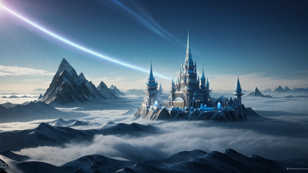Create an image of the Warlock Kingdom, a realm that resembles a heavenly paradise, ruled by a dynasty of warlocks who master light magic, arcane manipulation, and subtle arts. The kingdom's landscape should be bathed in soft shades of blue and white, with luminous clouds, floating islands, and crystalline structures that sparkle with an otherworldly glow. The architecture should be ethereal, with tall, elegant spires and bridges made of pure light, resembling a celestial city in the sky. A select few individuals within the kingdom possess the rare ability to control time, represented by glowing hourglasses or intricate timepieces integrated into the heavenly environment. The overall style should be serene, majestic, and filled with divine light, capturing the celestial and powerful nature of the Warlock Kingdom.