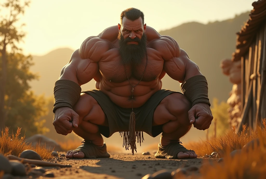 A muscular middle-aged man, thick legs, squatting pose, strong masculine physique, massive upper body, rugged facial features, intense expression, outdoor rural setting, warm natural lighting, earthy tones, hyper realistic, cinematic composition, unreal engine, 8k, photorealistic, masterpiece