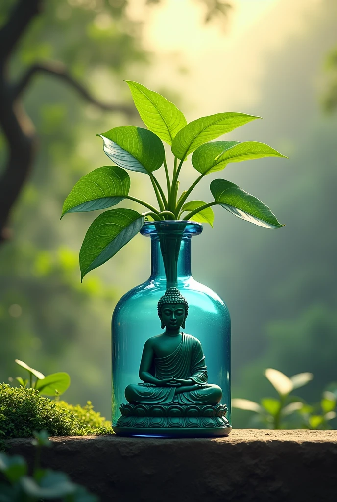 Money plant in blue colour bottle with beautiful background and goutam budh meditating. 