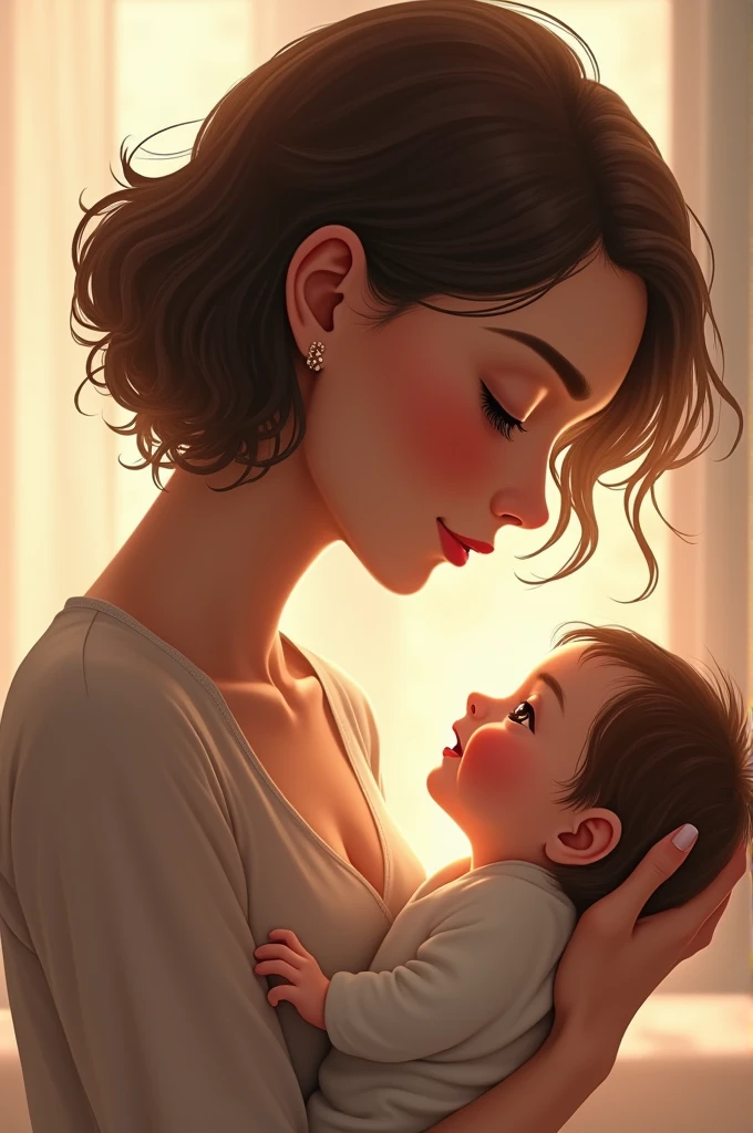 A tall girl with short wavy brown hair and light brown eyes with a baby in her arms looking at her with lots of love and affection