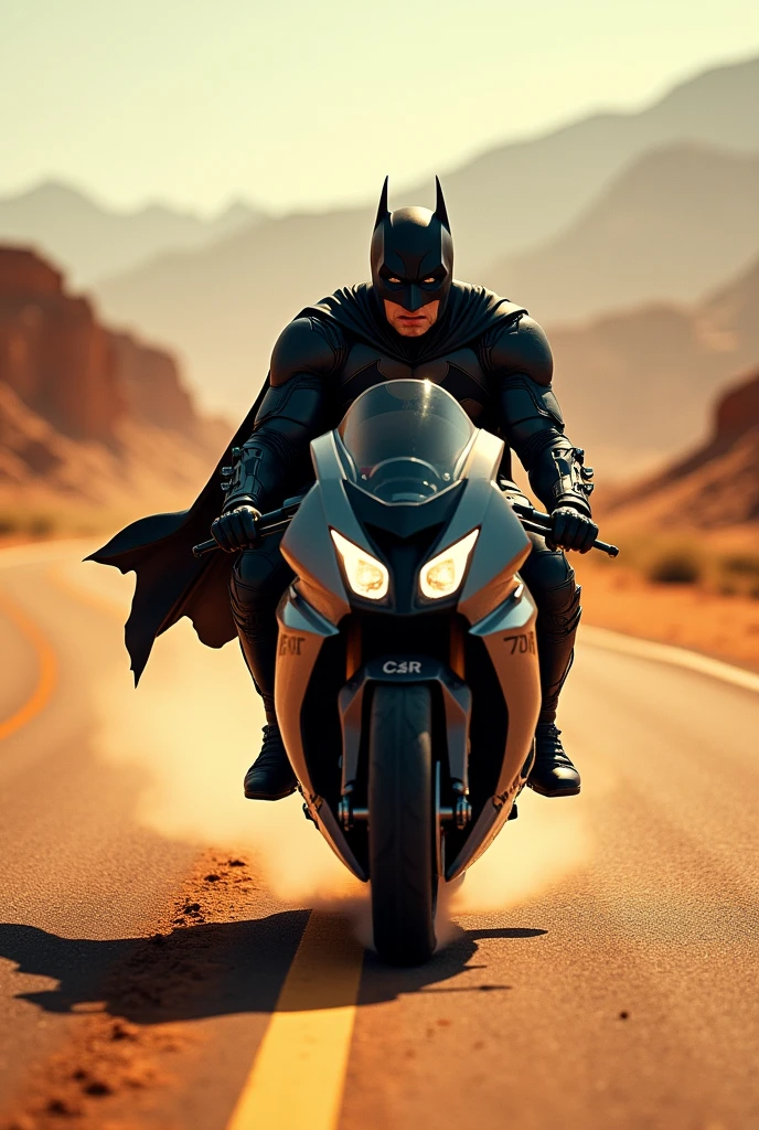 Batman is riding a bmw racing bike. It is morning time. The weather is good. The place is a desert and there is a road in the middle of it.