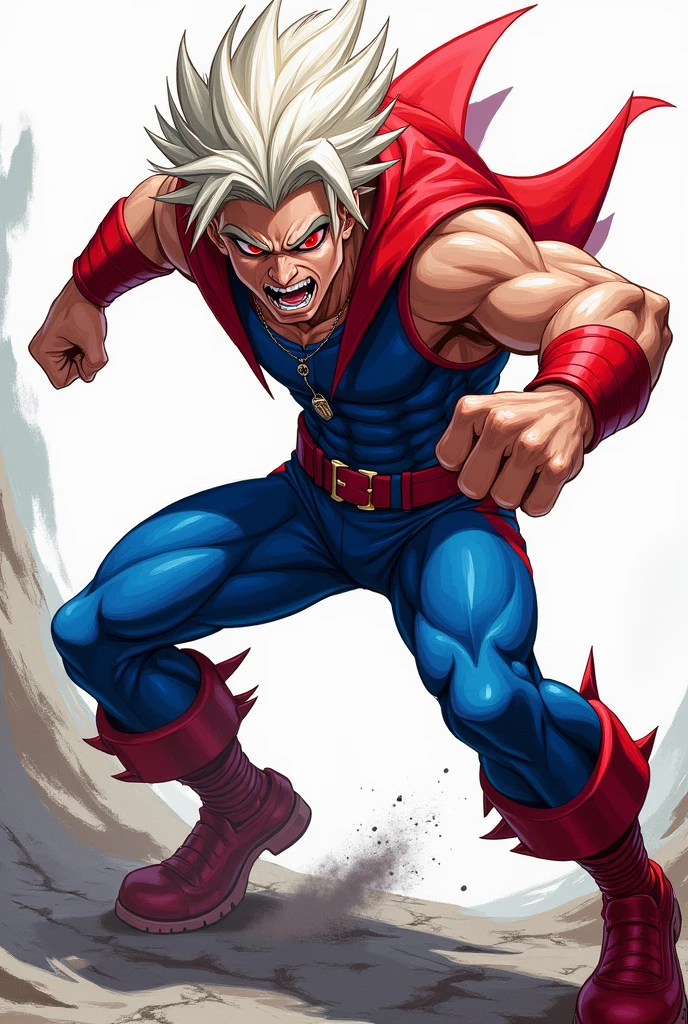 A Blue Lock character with the following characteristics Hair: platinum blonde, messy and spiky, with a highlighted red strand.
eyeballs: Intense reds, with a fierce and wild look.
cos: Muscular and agile, with powerful legs and a stance always ready to attack.
