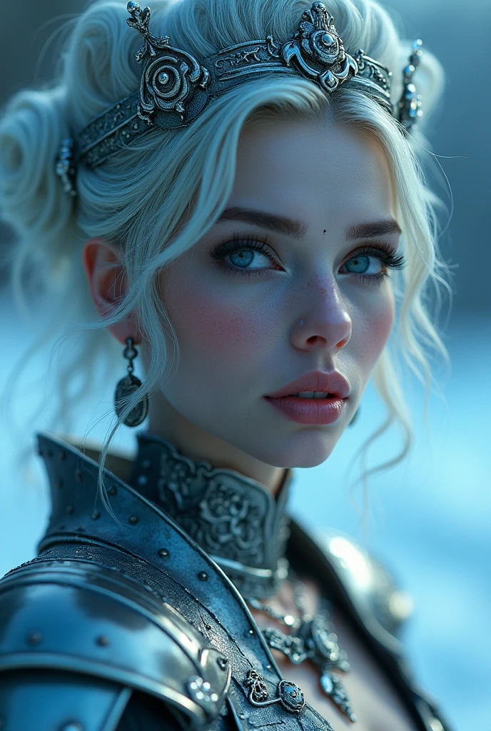 a dieselpunk ice queen, beautiful detailed eyes, beautiful detailed lips, extremely detailed face, long eyelashes, elegant high-collared dress, ornate armor plates, cold blue-white lighting, metallic accents, atmospheric, cinematic, dramatic, volumetric lighting, intricate details, highly detailed, photorealistic, 8k, best quality, masterpiece