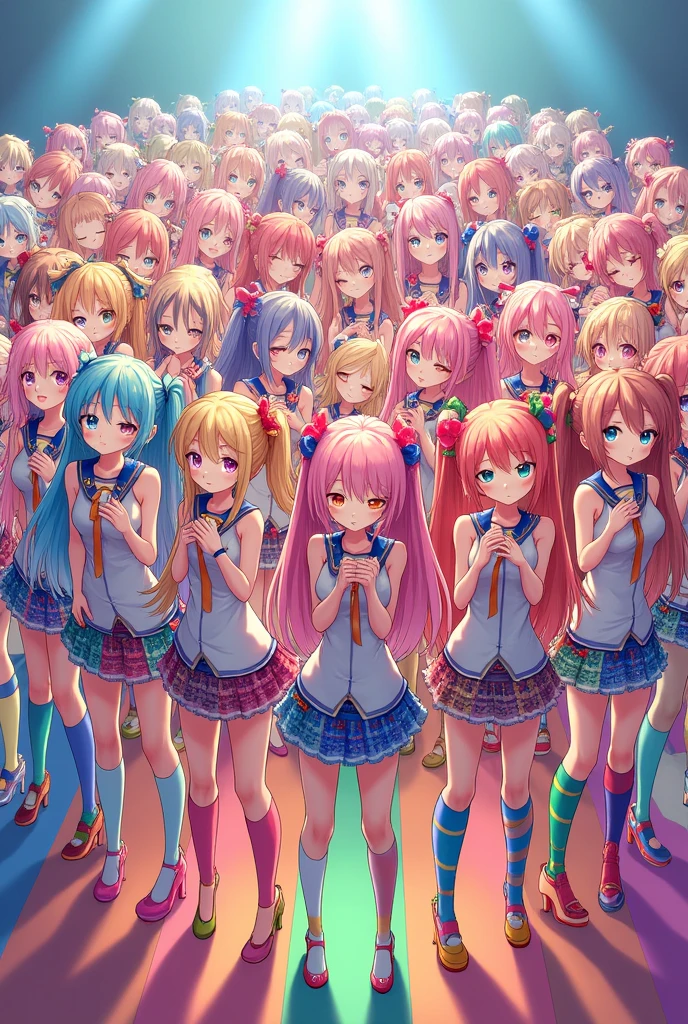 7,000 four-legged anime girls with very, very long hair, wearing very short skirts of colorful music, very long leggings of colorful rainbow, and colorful rainbow stage costumes, stand together, facing forward, take off their shoes, crouch slightly, and take a group photo while winking slightly.