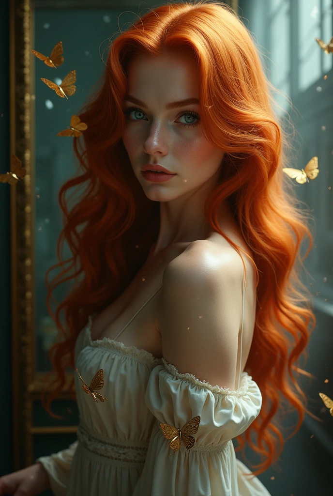 (solo, full body photo:1.3), (action packed:1.3), (haze, fog, mist:1.3), chiaroscuro, best quality, photorealistic, 1woman, (cute), (24yo:1.2), redhead, long ginger hair highly detailed, 1700'S, digital photography, art by artgerm and ruan jia and greg rutkowski surreal painting gold butterfly filigree, broken glass, (masterpiece, sidelighting, finely detailed Fashionable eyes: 1.2) (perfect oval large eyes that gazes at the viewer), beautiful detailed face, blue gorgeous perfect eyes, (blonde hair ponytail), (attractive young woman:1.3), (thick amazing hair), (seductive:1.1), (blushing:1.1)