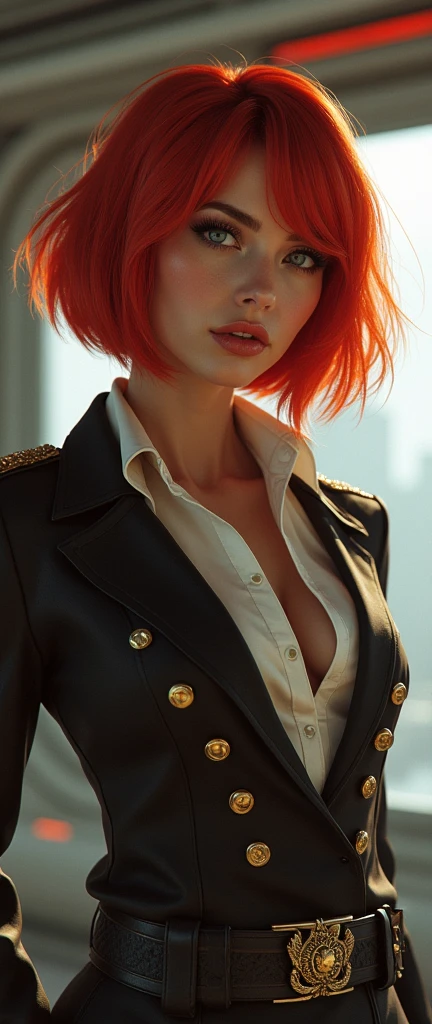 red bob cut, beautiful woman, starship captain, short jacket, cowboy shot, flirty, military bearing, standing, pirate