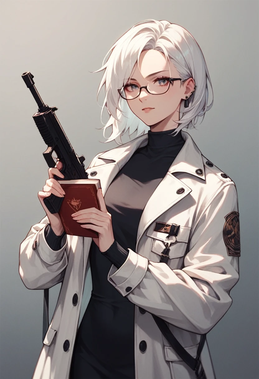 girl，long  white hair，White trench coat，with glasses，Holding a book in his left hand，Gun in right hand