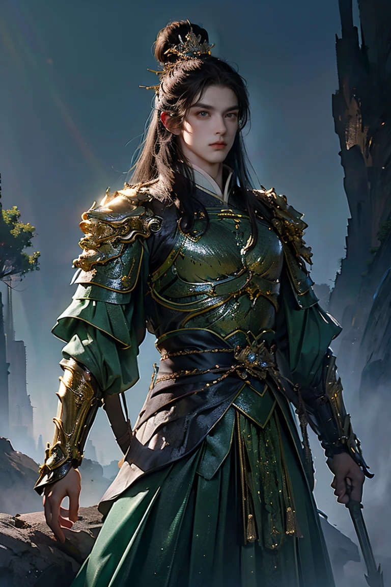 a man with short brown hair light blue eyes wearing Chinese gold and green armor over traditional Tang dynasty clothing, emerald and gold tones, bringing power and royalty to the image, he has a wispy and imposing beard (best quality, 4k, 8k, high resolution, art - prime: 1.2), ultra detailed, (realistic, photorealistic, photorealistic: 1.37), extremely detailed eyes and face, long eyelashes, intricate armor details, traditional Chinese robes, loose hair, emerald color palette and silver, powerful and serene expression, dramatic lighting, cinematic composition, award-winning digital art
