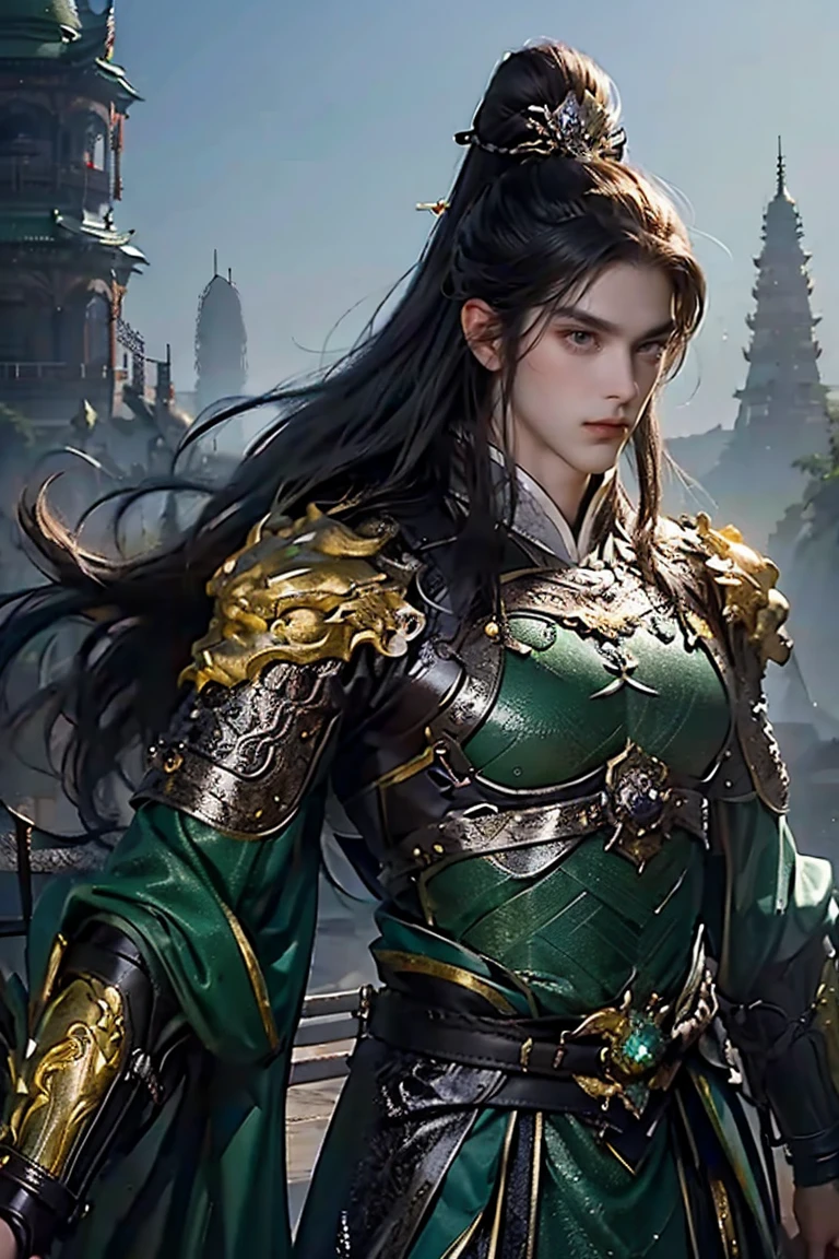 a man with short brown hair light blue eyes wearing Chinese gold and green armor over traditional Tang dynasty clothing, emerald and gold tones, bringing power and royalty to the image, he has a wispy and imposing beard (best quality, 4k, 8k, high resolution, art - prime: 1.2), ultra detailed, (realistic, photorealistic, photorealistic: 1.37), extremely detailed eyes and face, long eyelashes, intricate armor details, traditional Chinese robes, loose hair, emerald color palette and silver, powerful and serene expression, dramatic lighting, cinematic composition, award-winning digital art
