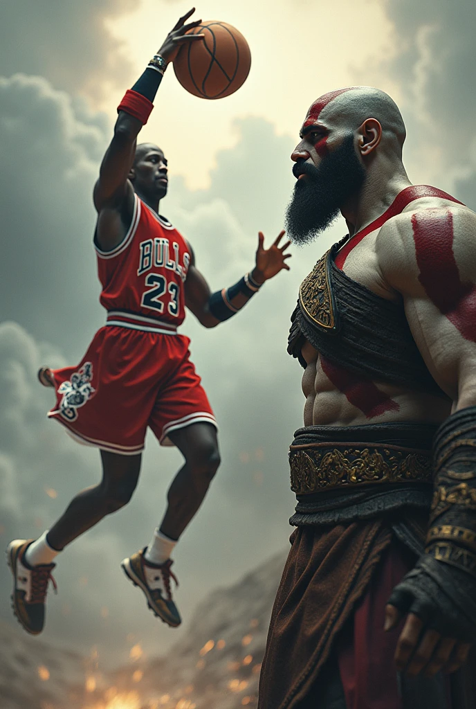 Kratos the god of war dressed as a warrior and Michael Jordan with air powers jumping for the ball 