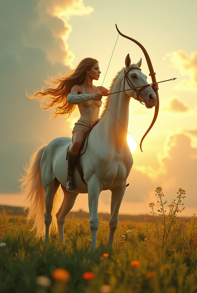 A beautiful female centaur, riding in an open field, shooting an arrow with her exquisite bow, her voluptuous breasts visible, (best quality,4k,8k,highres,masterpiece:1.2),ultra-detailed,(realistic,photorealistic,photo-realistic:1.37),hyperrealistic, extremely detailed, fantasy, magical, lush environment, cinematic lighting, glowing skin, dramatic pose, intricate details