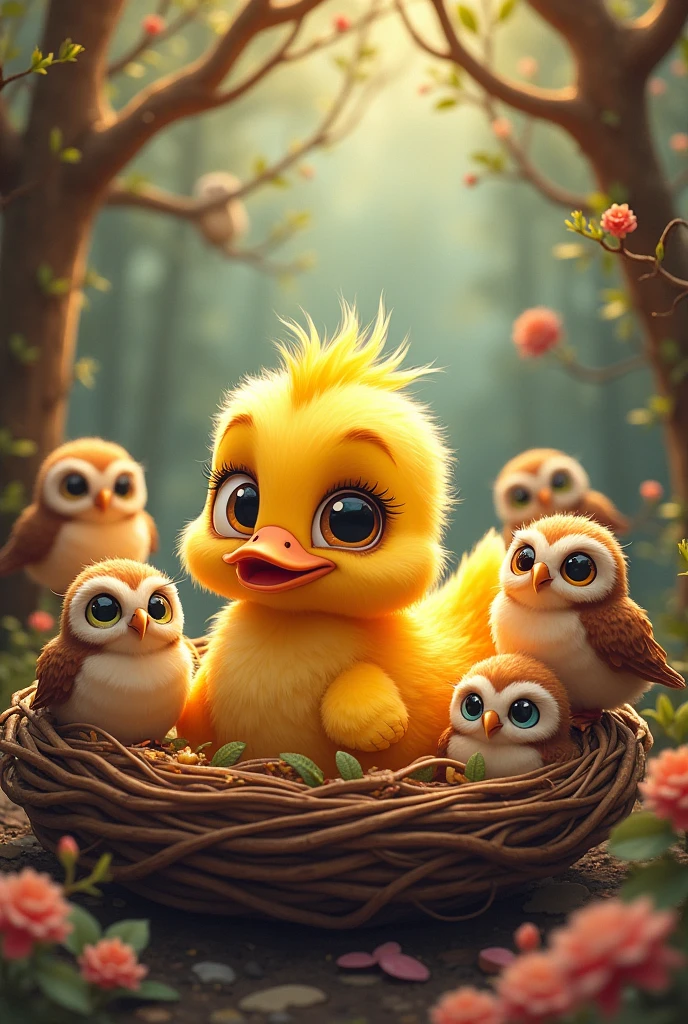 colorful animated duckling in a nest with owls