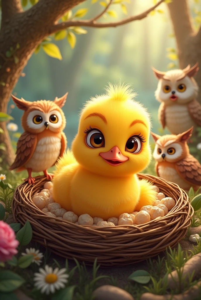 colorful animated duckling in a nest with owls