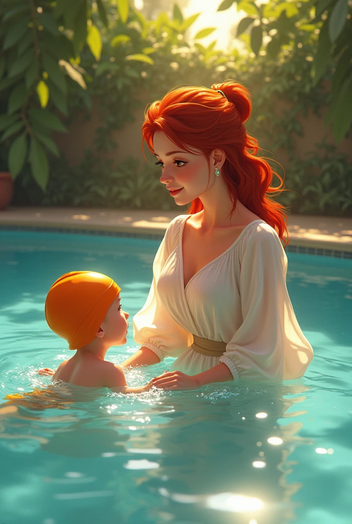 a red-haired woman in a long blouse giving swimming lessons to a child wearing a swimming cap