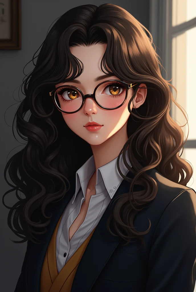 Draw a picture of a person with hair down to their breasts, com curvatura 3A 3B, sun tanned white skin, eyes browns, slightly thick eyebrow, half round eyes, small mouth with larger lower lips, medium nose, in dark academic outfit mbti Infj style with thin round glasses, not nerdy