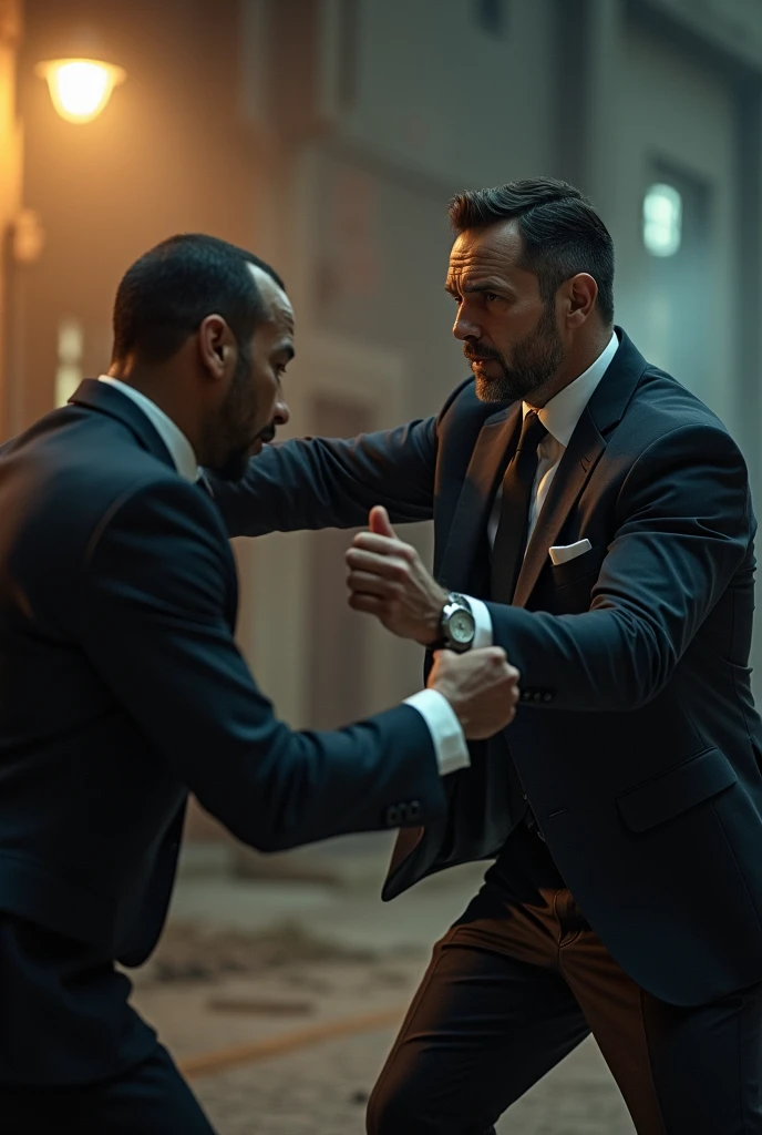 Impeccably dressed man delivers a powerful knockout punch to a struggling, disheveled man, symbolizing a moment where failure is not an option