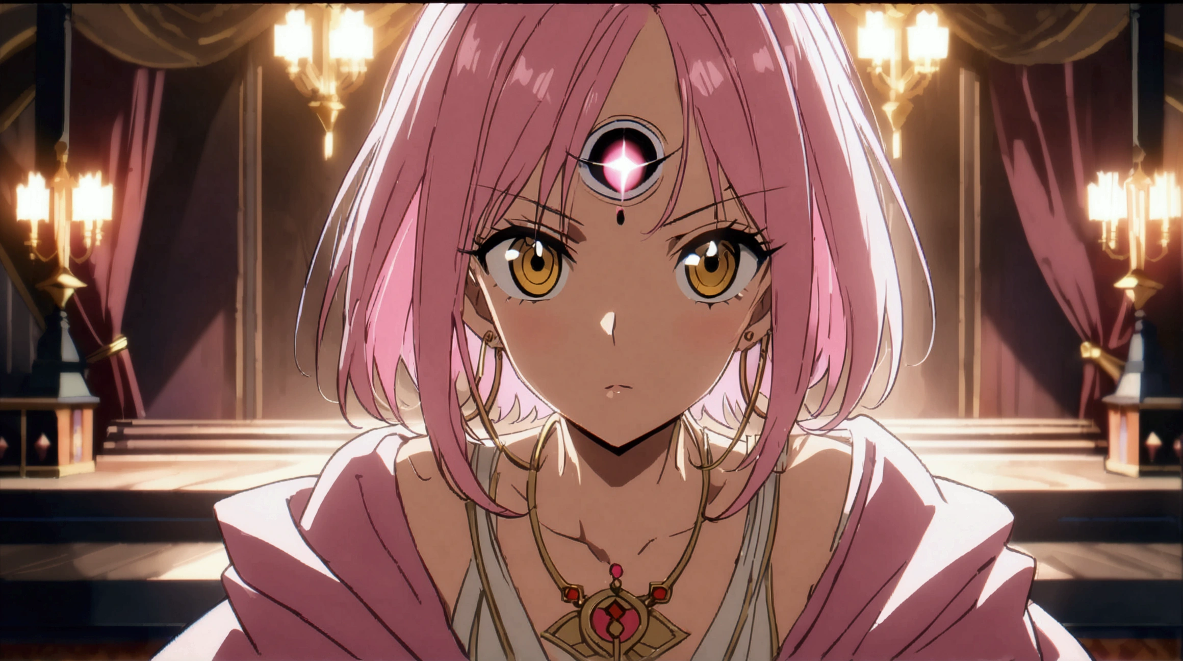 Woman with third eye on forehead, pink hair with gold clips, elegant white outfit and pink robe on top, necklace with eye symbol, arrogant expression, luxurious mansion background, ((Intricate anime character design inspired by One Piece)), ((Stunning lighting)), ((Fine lines)), ((Stunning focus)), ((Centered character)), ((Stunning face)), ((Detailed focus)), ((Detailed background)), ((Ultra-fine 2D design)), ((Creative backdrop)), ((2D masterpiece)), ((Best quality)), ((8K anime style)), ((Full body))