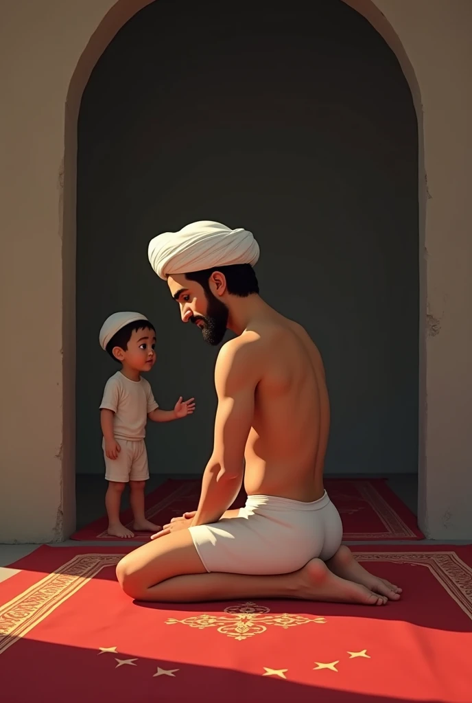 There is a young Iranian man with a strong beard and hair kneeling on a red carpet in white underwear with an Islamic cap on his head.. There is a  watching closely.