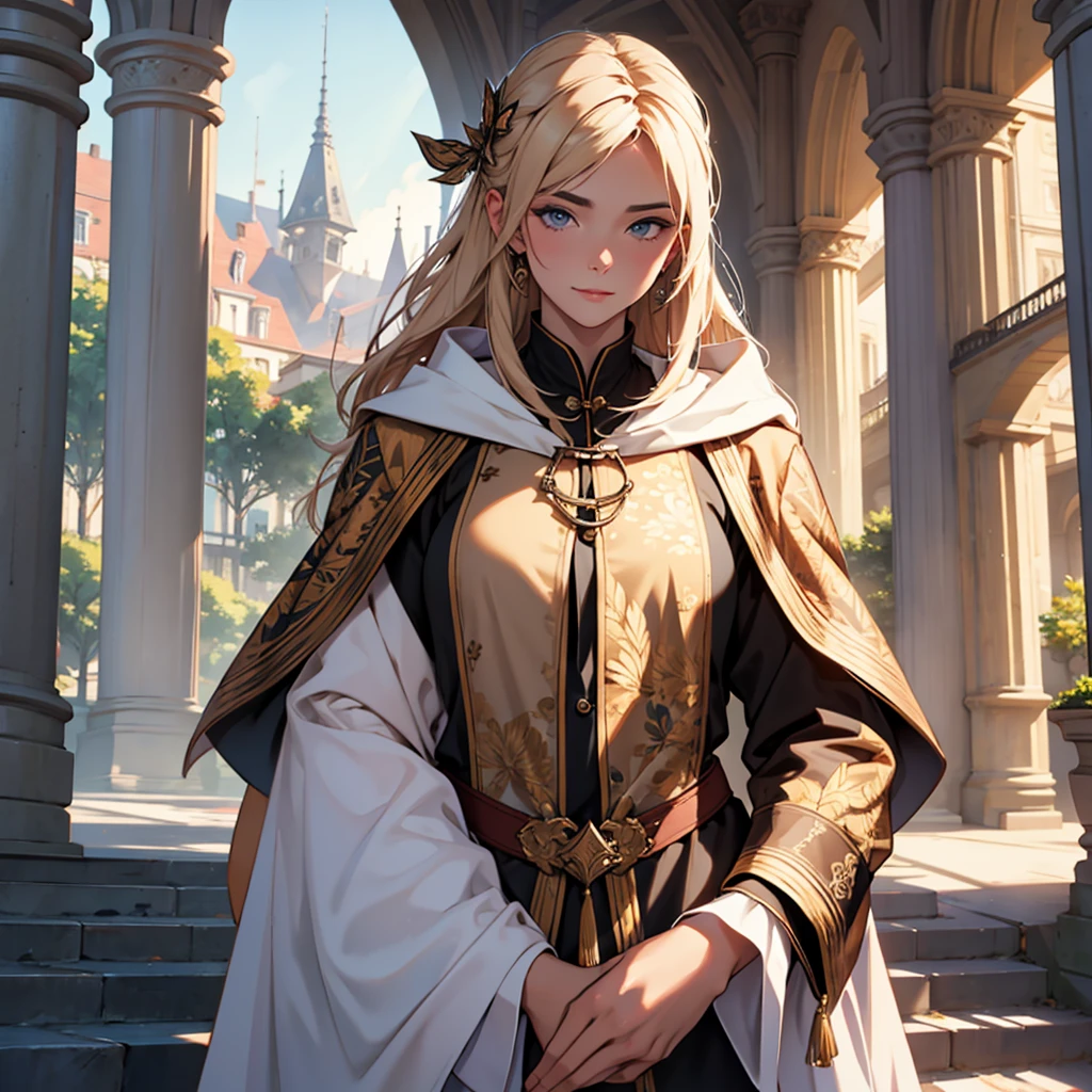 masterpiece, Best Quality, 4k, Very detailed, Close-up of a person'Upper body body, Background with:In front of the stairs of a medieval castle built on a lake, Rapunzel in golden armor and white cloak