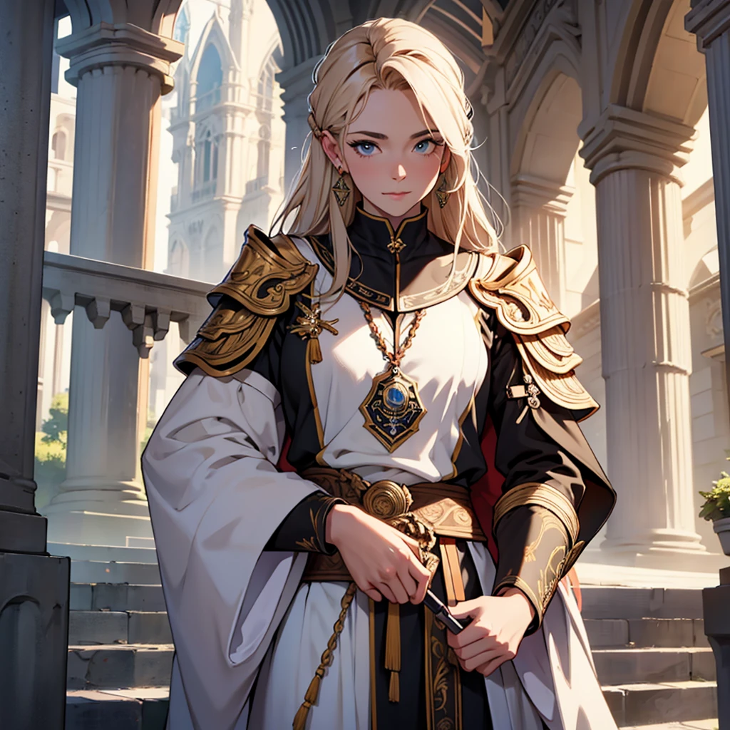 masterpiece, Best Quality, 4k, Very detailed, Close-up of a person'Upper body body, Background with:In front of the stairs of a medieval castle built on a lake, Rapunzel in golden armor and white cloak