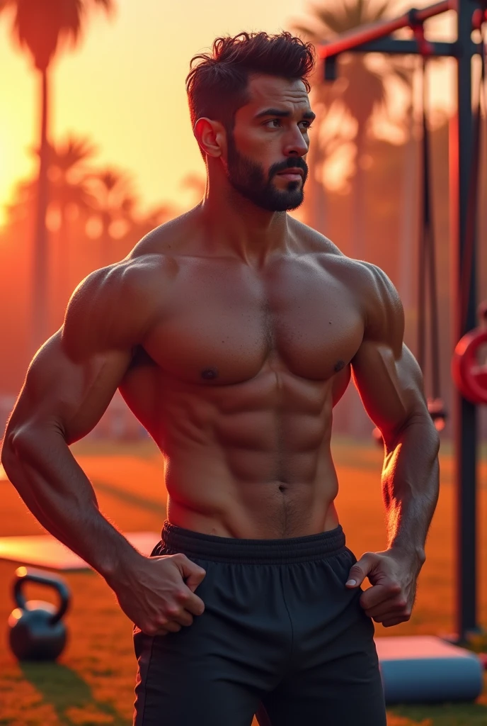 Art in reddish orange tones for Instagram fitness trainer dark-haired man training on the field and functional training equipment in the background.