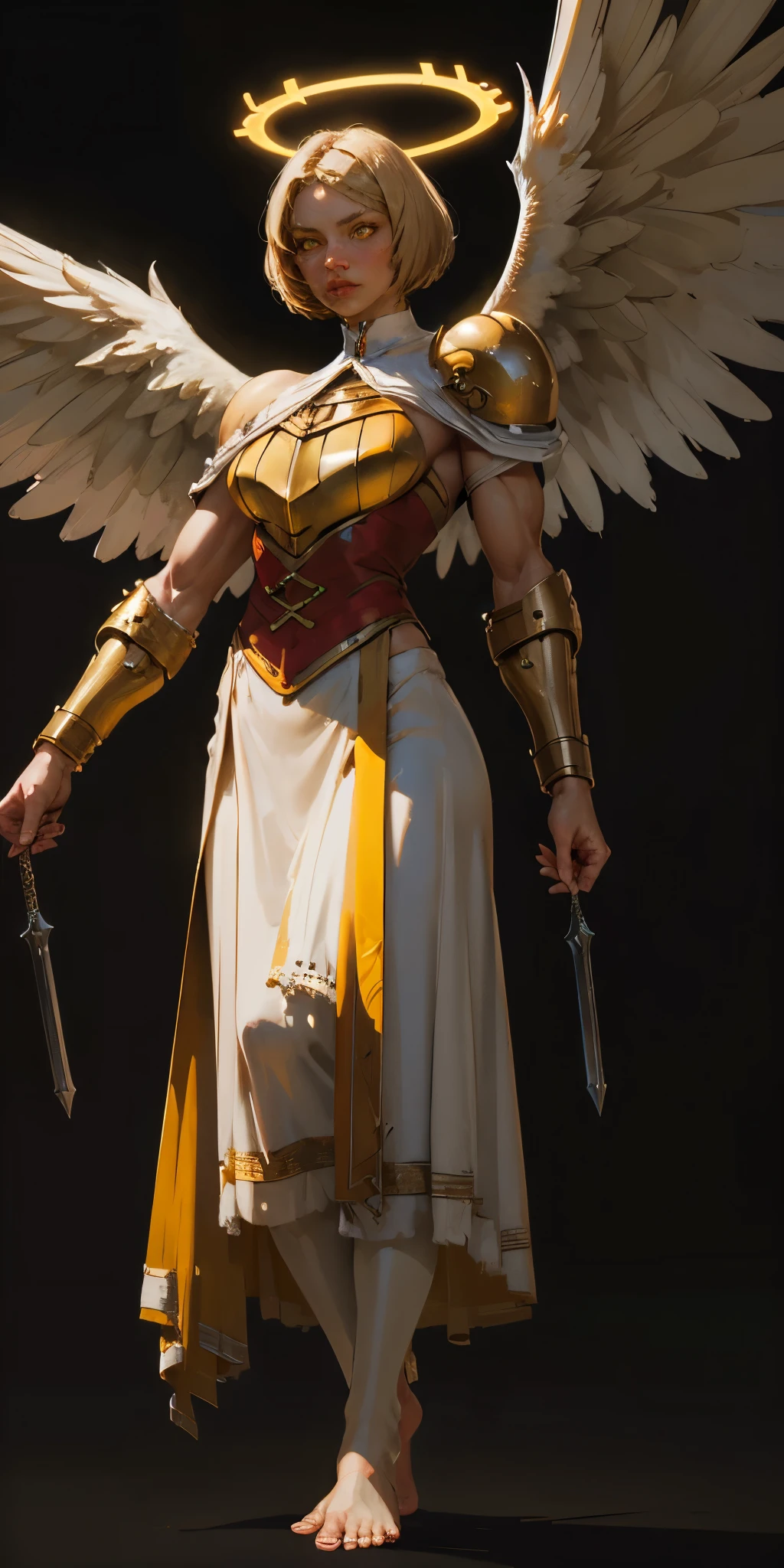 (black background) low angle, from below, paladin templar lady in white tabard, legwear, glowing yellow eyes, collar, golden chainmail, wide hips, barefoot, angel wings, pauldrons, halo, bob cut, blonde, eye focus, red cape, detailed, cinematic, fantasy, correct anatomy, epic fantasy digital art, tmasterpiece, 8k, high definition resolution, detailed drawing, superior quality, epic composition, muscular body, muscular turned arms behind body