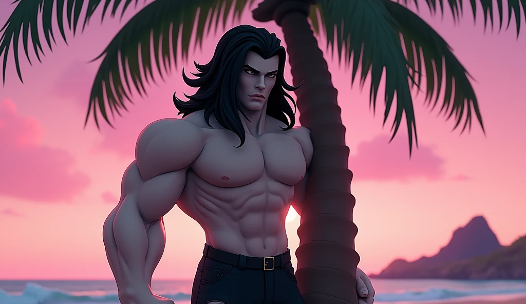 Handsome tall square Roblox male doll, with long black rocker hair, emo clothes and no lips, white skin, no mouth, and beautiful body, Fist pose and sensual, leaning on a palm tree, cartoon, Vice City GTA, stone mountain background on the beach with pink sky