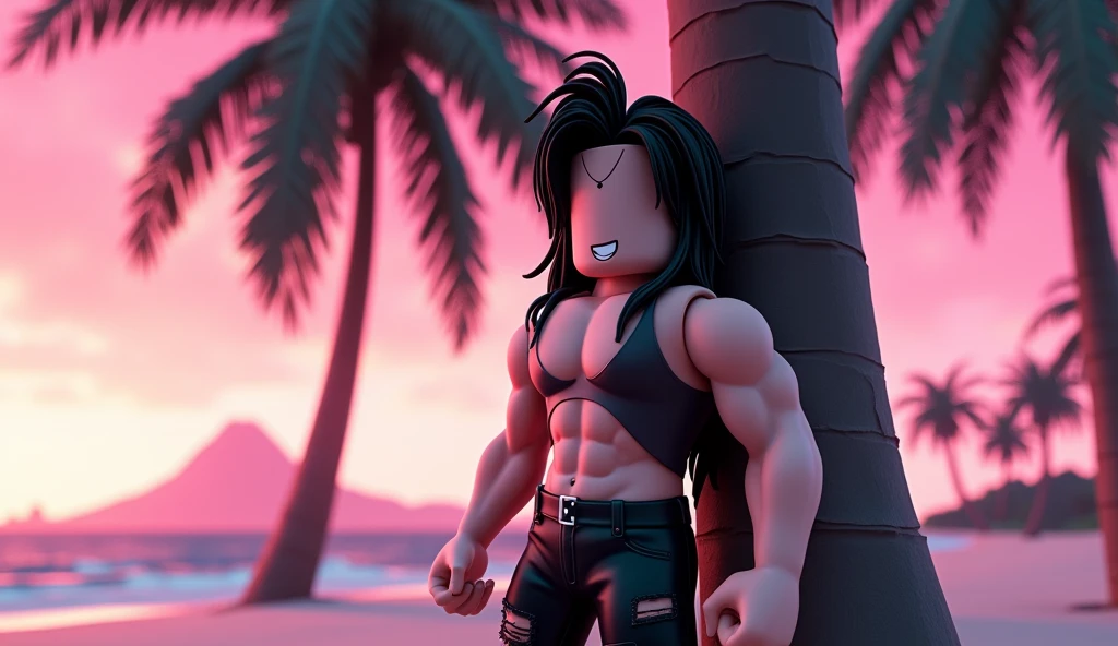 Handsome tall square Roblox male doll, with long black rocker hair, emo clothes and no lips, white skin, no mouth, and beautiful body, Fist pose and sensual, leaning on a palm tree, cartoon, Vice City GTA, stone mountain background on the beach with pink sky