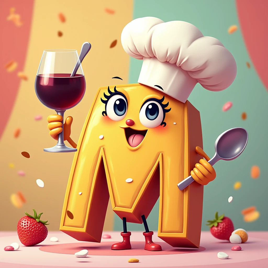 goofy and girly letter M with chef’s hat on holding a glass of dark liqueur in one hand and spoon in other