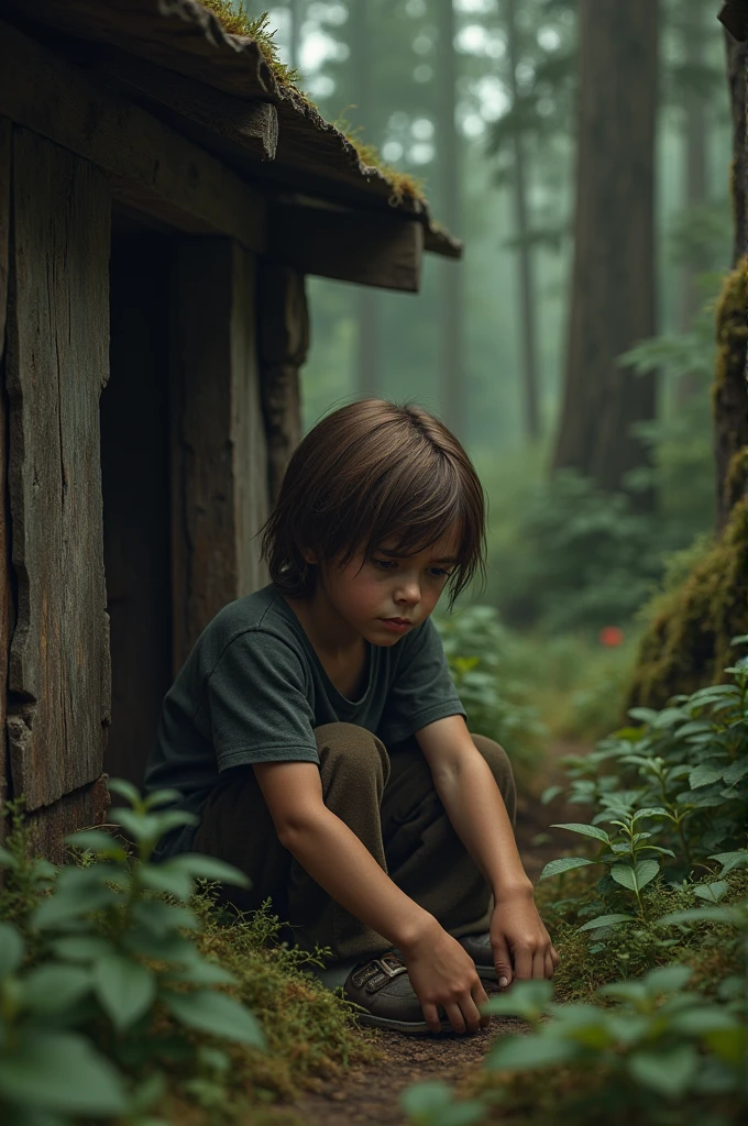 a 2 sad boy with brown mullet hairstyle, sad and depressed and tired expression, wearing simple brown black and white clothes, portrait in a lost cabin in a forest, wild nature, (best quality,4k,8k,highres,masterpiece:1.2),ultra-detailed,(realistic,photorealistic,photo-realistic:1.37),HDR,UHD,studio lighting,ultra-fine painting,sharp focus,physically-based rendering,extreme detail description,professional,vivid colors,bokeh