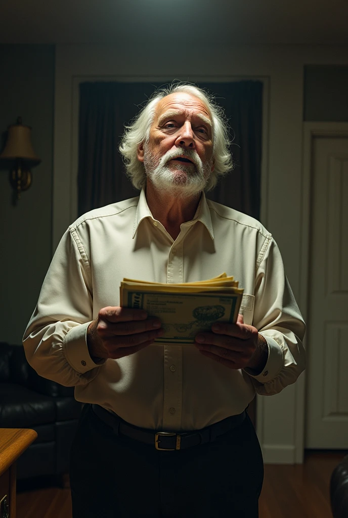 To his astonishment, a 6 David, with white hair, white mustache stands in disbelief, holding a large check or cash bundle in his hands. The expression on his face is a mix of relief and surprise, as the substantial prize covers his immediate financial needs. The background shows a simple room, with subtle light illuminating David and the prize. However, the scene carries an air of anticipation, suggesting that the real twist is yet to unfold