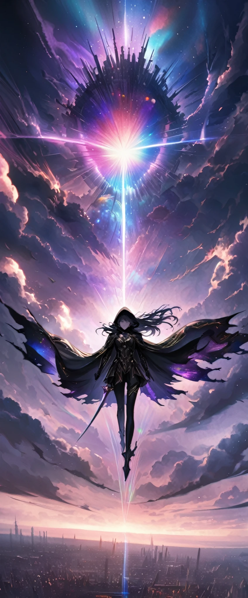 a character from the anime I Want to Become a Shadow Powerful, Shido Kageno, wearing a black hooded cape with gold trim, all-black outfit, dark expressionless, holding a dull shining rapier up to the sky, floating in the sky above a European-style city, background, ominous swirling white and purple clouds, night sky, iridescent cosmic rays bursting, conceptual installation art, (ultra detailed, absolutely resolution, best quality:1.3), 2.5D, delicate and dynamic effects, artistic, hyper, graphic CG digital fantasy art, 8k