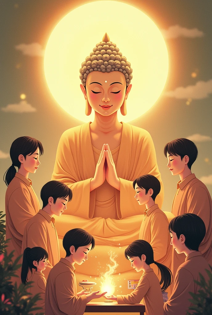 Illustrations of situations in life: helping colleagues, taking care of family, doing volunteer work, there is a Buddha shining with a halo of light looking away and smiling, aspect ratio 9:16