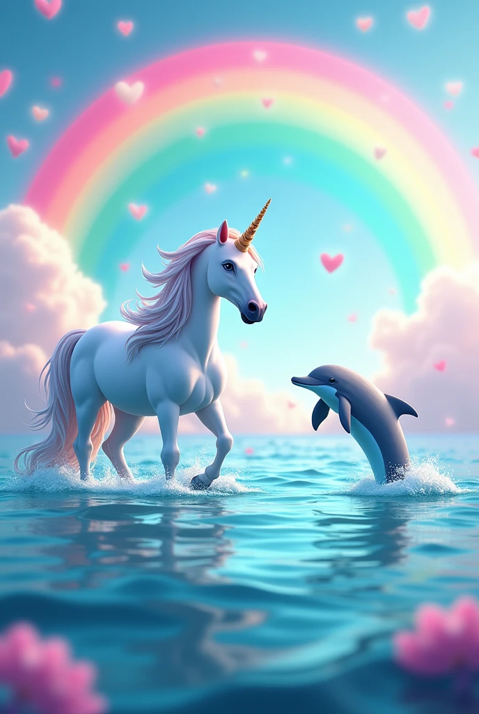 A Unicorn and dolphins on the sea with a rainbow and little hearts with a colorful sky