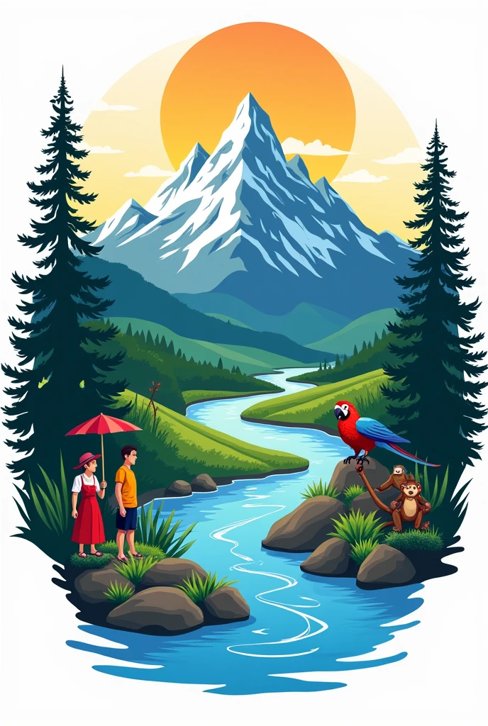 Create logo with the following characteristics: Main image of the two snow-capped peaks of the Sierra, laguna, river to the sea, Macaw, monkey and peasant man and woman