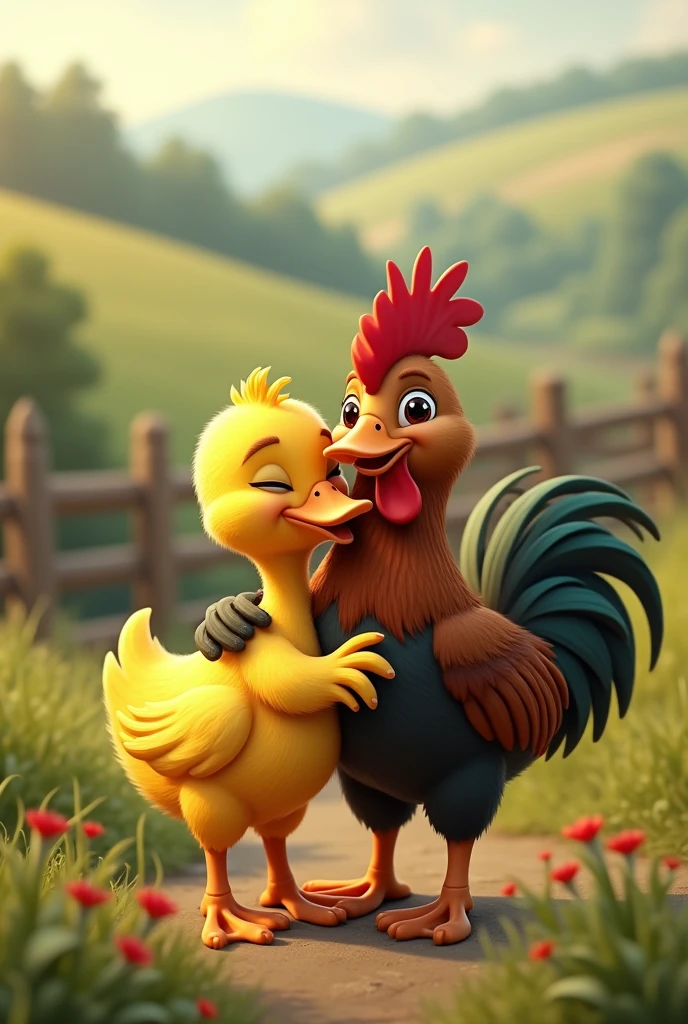 Generate an image of a yellow duck and a brown and black rooster that are the best friends on the farm hugging each other