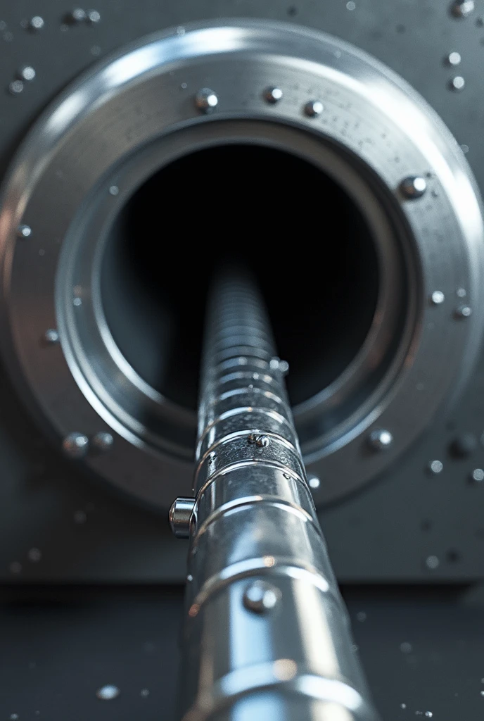 A thick rod entering a metal tube with oil as lubricant