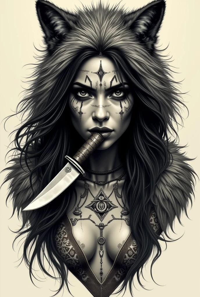 Indian woman with wolf head on coat and knife in mouth for less realistic tattoo