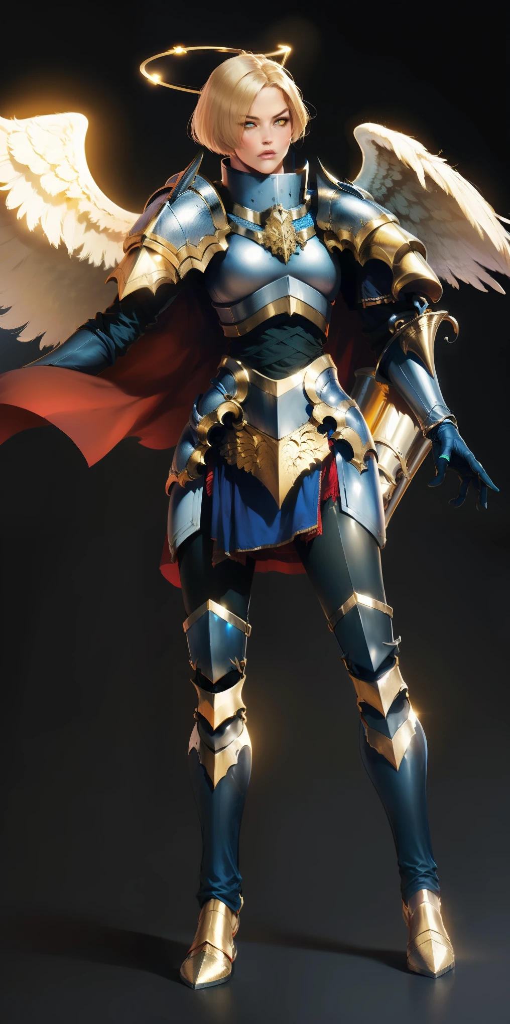 (black background) low angle, from below, paladin templar lady in white tabard, legwear, glowing yellow eyes, collar, golden chainmail, wide hips, barefoot, angel wings, pauldrons, halo, bob cut, blonde, eye focus, red cape, detailed, cinematic, fantasy