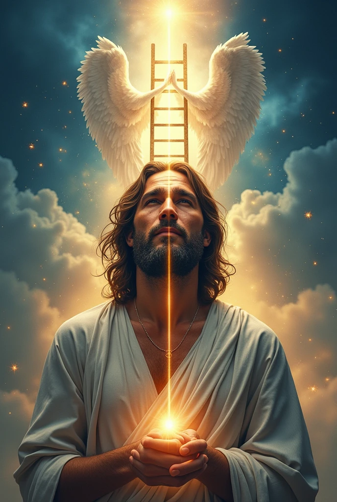 Use a background that mixes vibrant and soft colors, like shades of blue and gold, representing transformation and spirituality. 

**main image:** At the center, a representation of Jacob, perhaps divided into two parts: On one side, the figure of Jacob before the transformation, and the other, a more enlightened and serene figure, symbolizing your new identity. Ao fundo, there may be a ladder with angels going up and down, referring to Jacob&#39;s dream.

**texto:** The title "Transformed" should be highlighted, with a modern and striking font.

**decorative elements:** You can add symbols like stars, soft lights around the figure of Jacob, and perhaps some lines of light representing the presence of God in the life of the biblical character.
