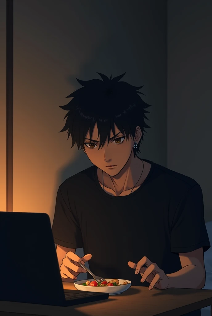 Anime guy, black hair, blocked hair, has a brow, dark eyebrows, brown-black eyes, wears a black cross earring on the left side, silver on the right side, wears a black t-shirt, is sitting and eating in a small rented room, is a lonely guy, but doesn't feel sad, but doesn't smile. The bedroom has a bed and a table with a black laptop on it, the black wall has an orange-brown light on it, makes the eyes a little sad.