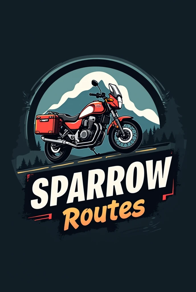 ((Honda NC750X 2016 model year:1.5)) , ((dynamic angle)), ((motorcycle with suitcases)), ((a motorcycle)), (((crear un Logo vectorizado with white border de una moto Honda modelo NC750X))), color dark background, Vectorized style, Logo vector art, Diseño de Logo, simple and clean illustration, Logo, Logo, a circular logo , with white border, dark background, With the name "SPARROW ROUTES" a estilo gammer , mountain and roblox